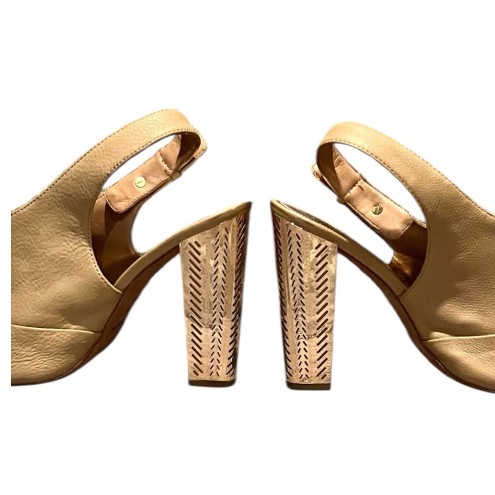 Coach Lillie Leather Slingback Peep Toe Bootie‎ Gold Metallic Block Heel Size 11 - Picture 5 of 12